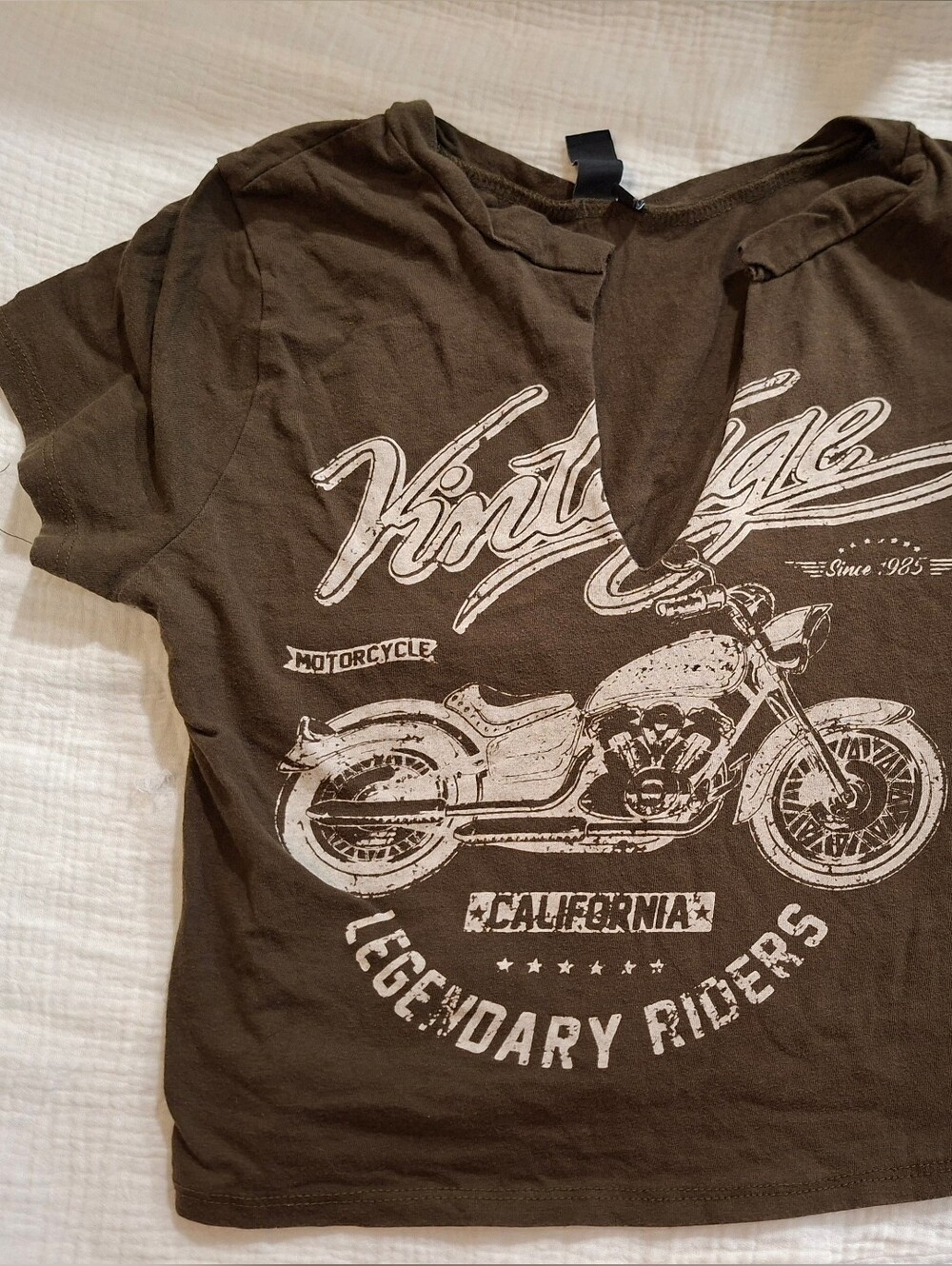 Vintage Motorcycle Graphic Tee - Brown/military Green with White Print